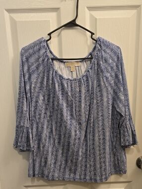 Michael Kors Blue and White Wave-Print Long Sleeve Scoop Top